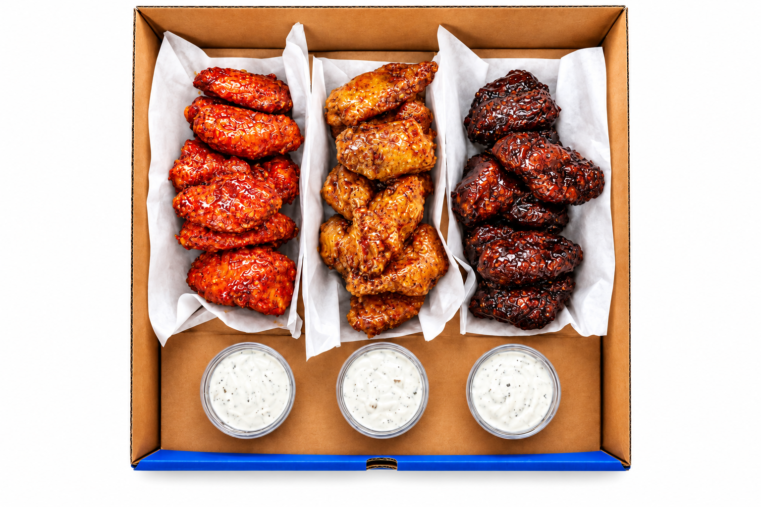 Wingman 30-piece sharing wings box with three sauces