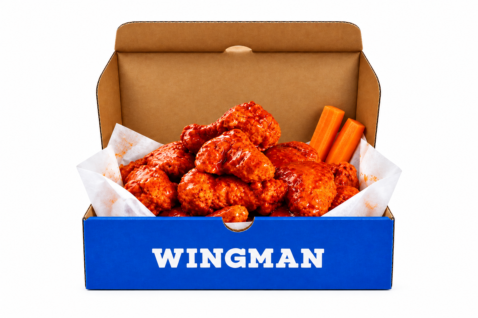 Wingman sauced wings in the brand's blue box